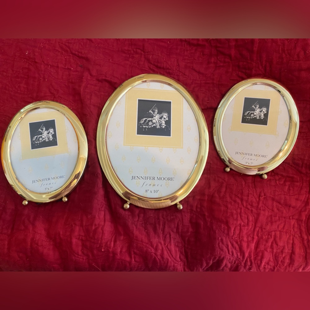 Jennifer Moore Gold Oval Photo Frames on Red Fabric